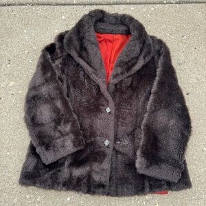 Vintage 80s Elegant Faux Fur Pea Coat Dark Brown Union Made
